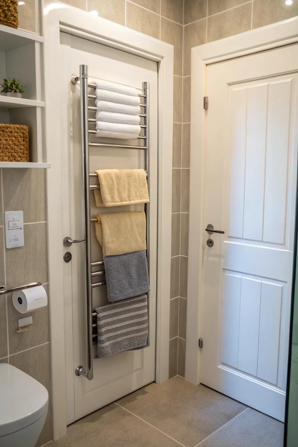 Optimize your bathroom door using a rack that hangs over the door.