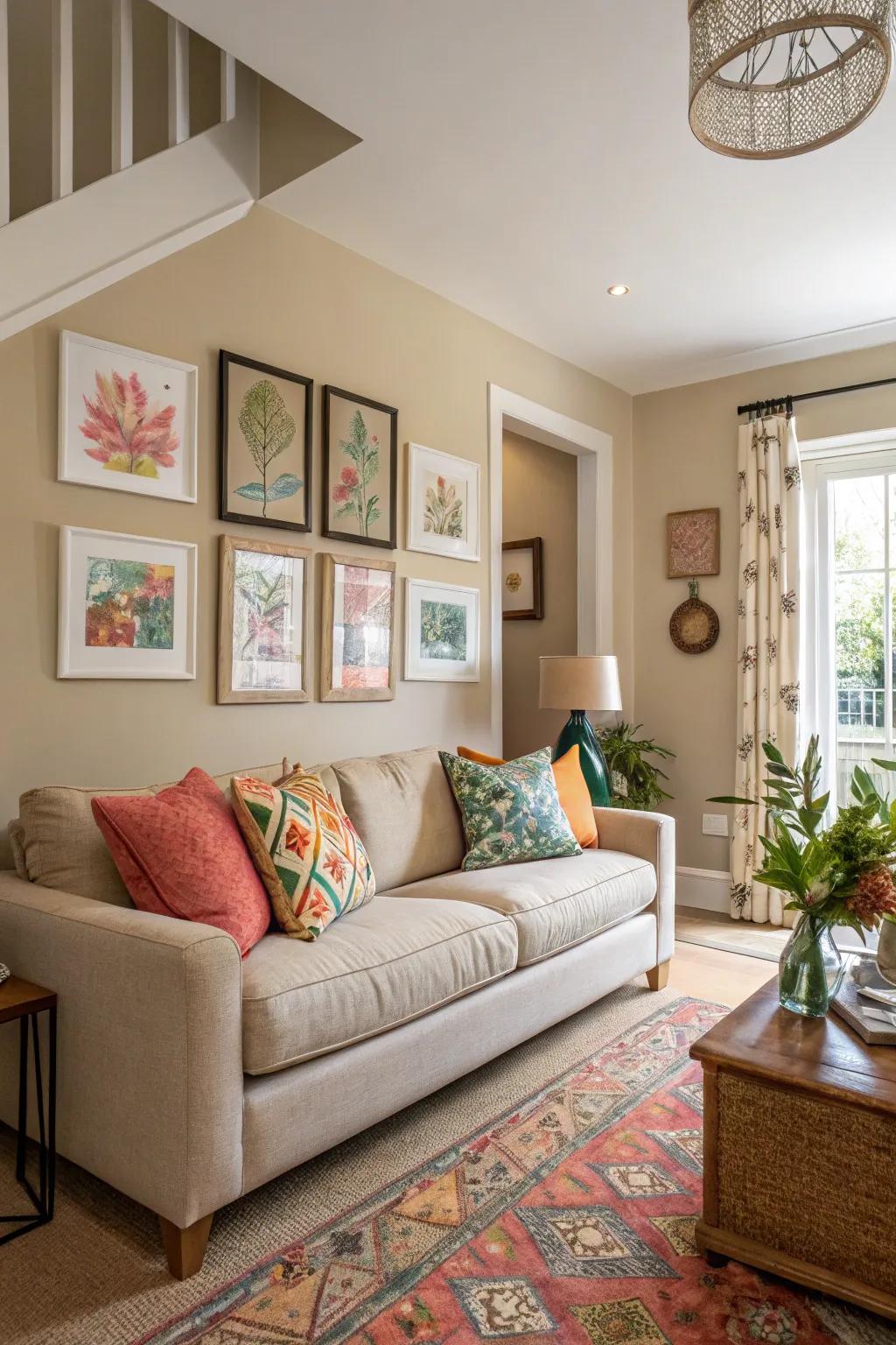 Neutral living room enhanced with colorful accents