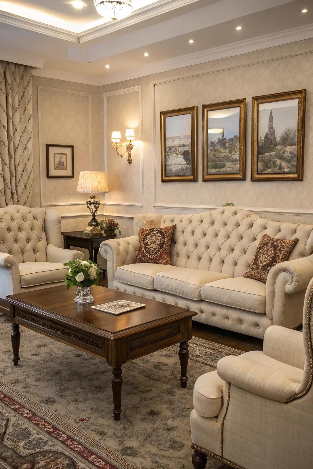 Timeless furniture designs boost the charm of a classic living room.