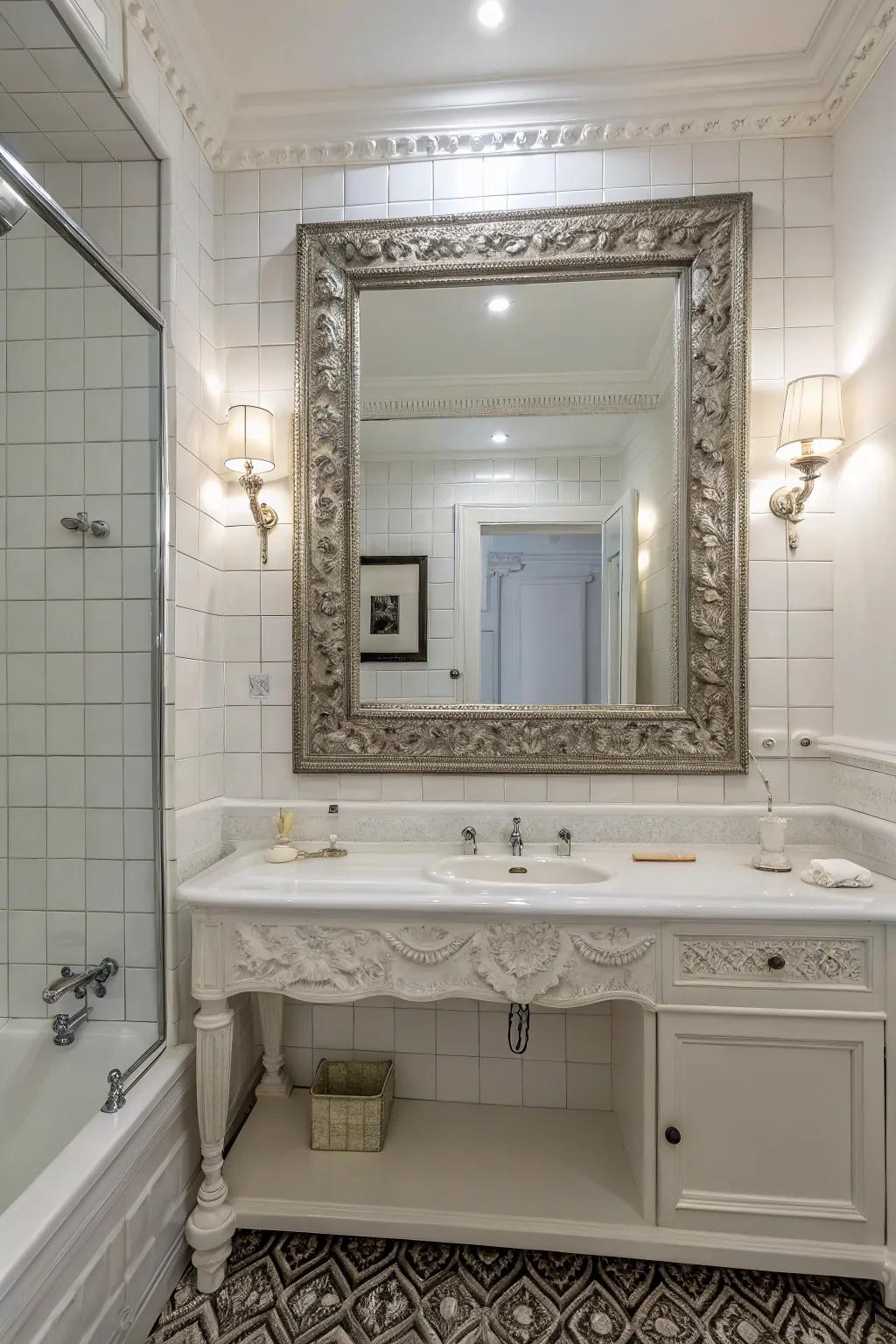A classic white bathroom featuring a sizable decorative glass piece that amplifies style and depth.