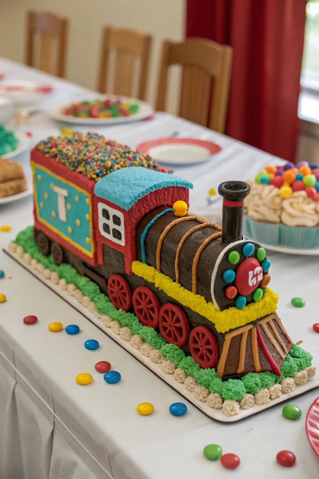 An enchanting railroad-shaped cake captures everyone's attention.