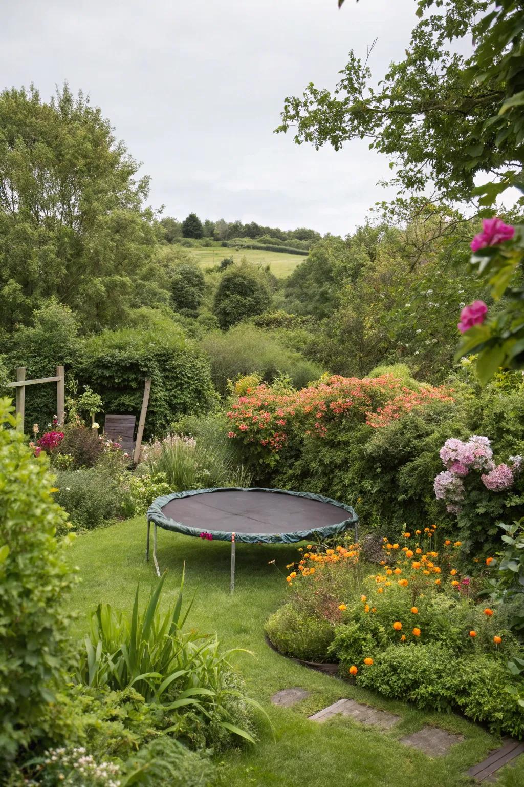 A bounce bed nestled in a garden retreat, surrounded by bright greenery.