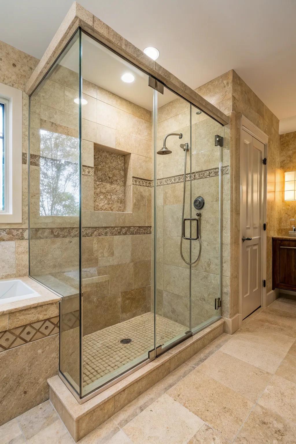A luxurious walk-in shower with travertine walls and a sleek, clear glass surround.