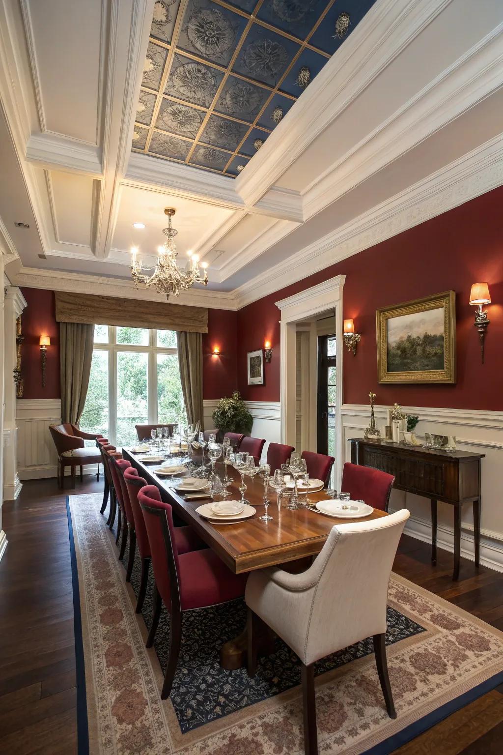 A sophisticated dining room with a tray ceiling and contrasting paint colors.