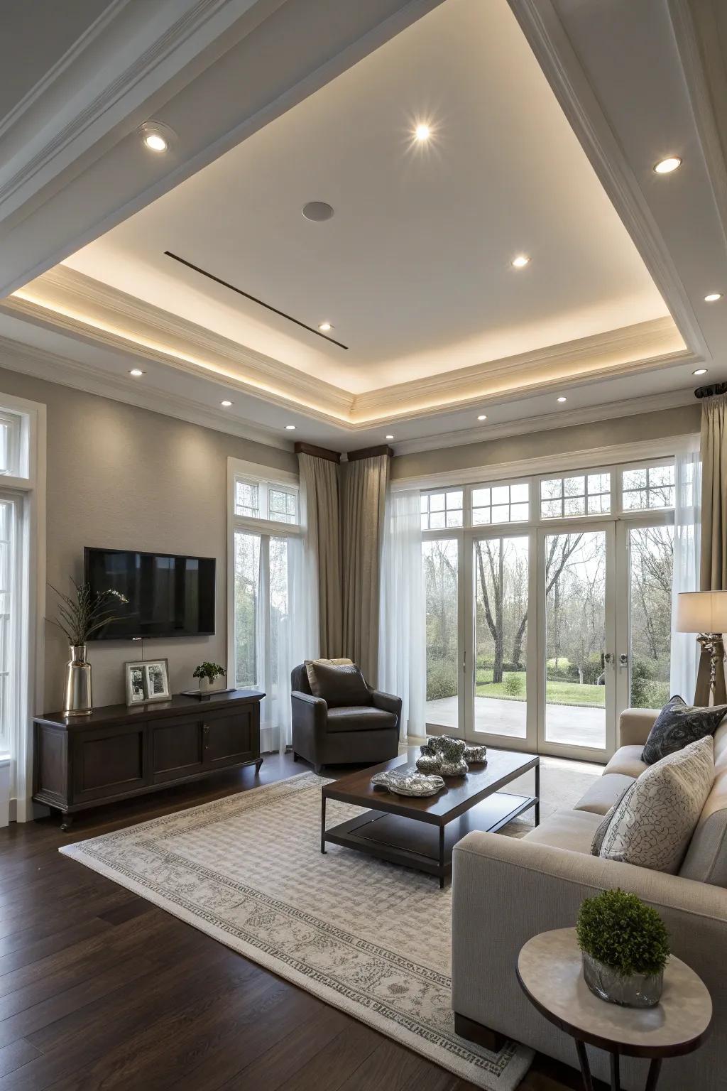 A contemporary living area showcasing subtle flush mount illumination.