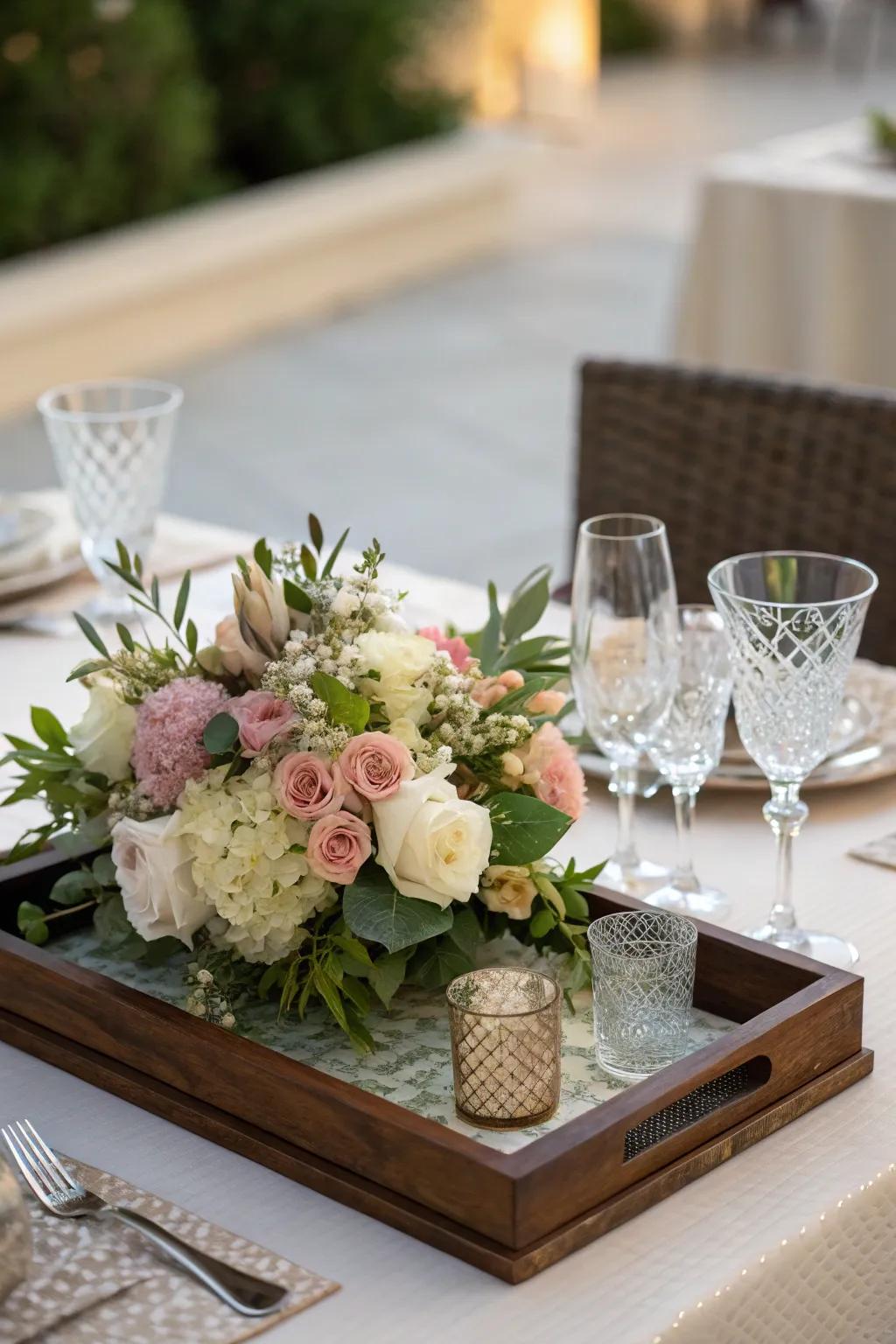 An elegant dining table showcasing a sophisticated tray arrangement.
