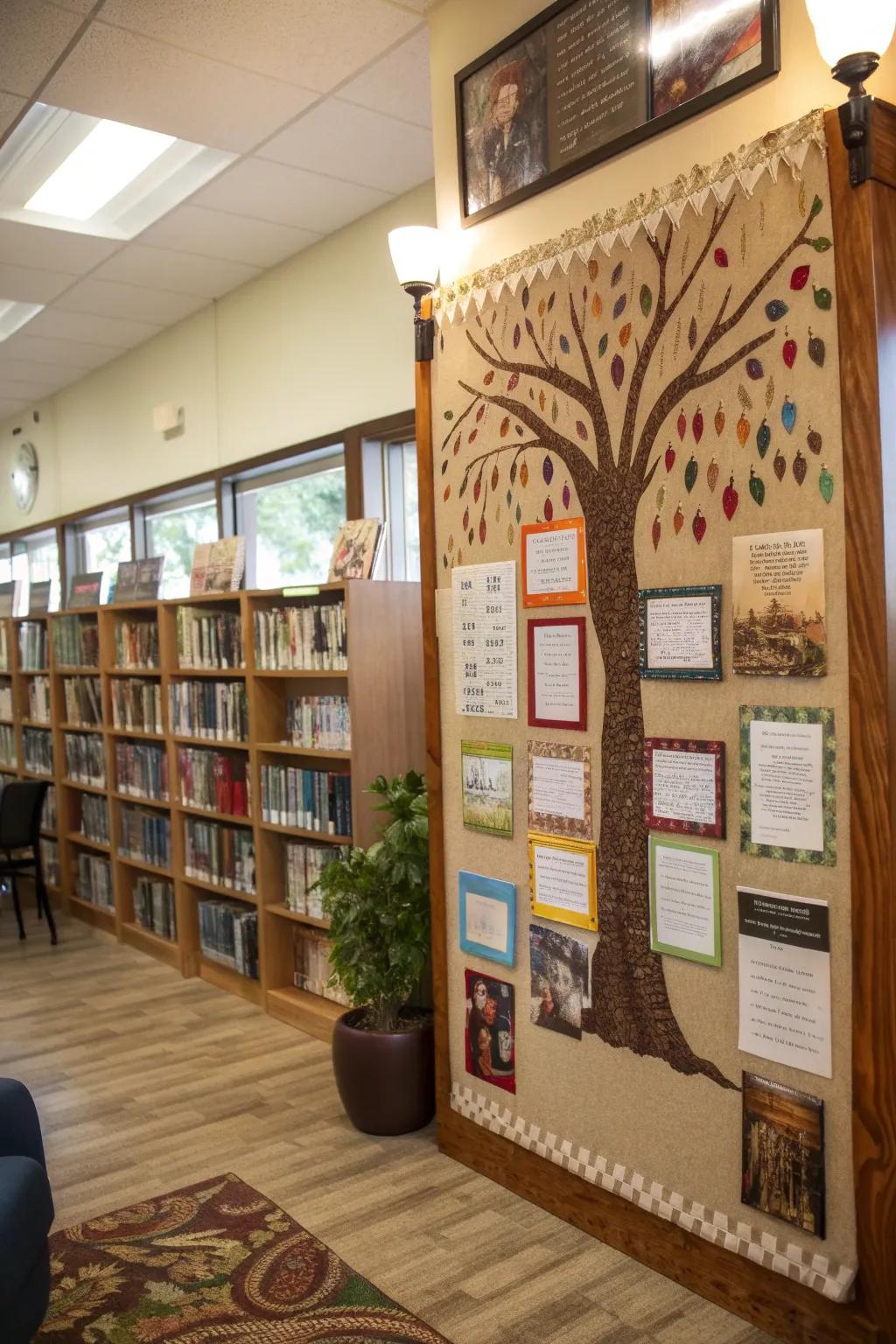 A tree bulletin board showcasing educational components such as books and quotes.