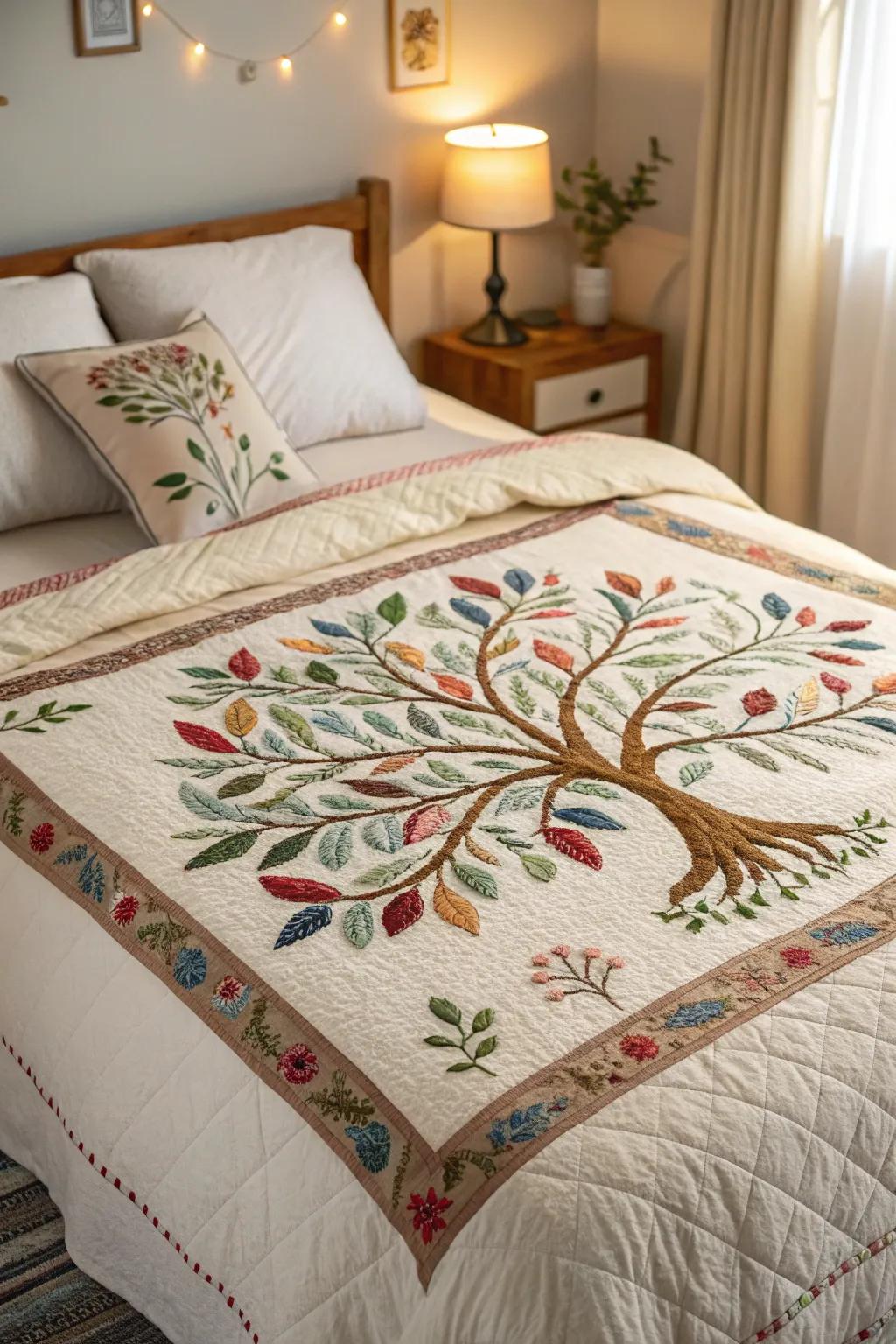 An embroidered Arbor Vitae quilt adds warmth to a cozy bed.
