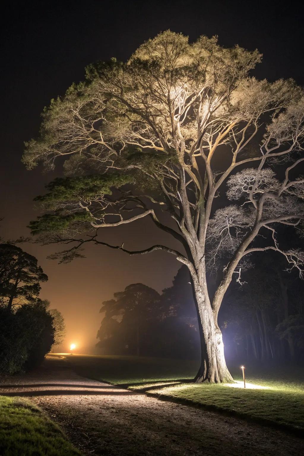 Uplighting calls attention to the tree's height and underlying form.