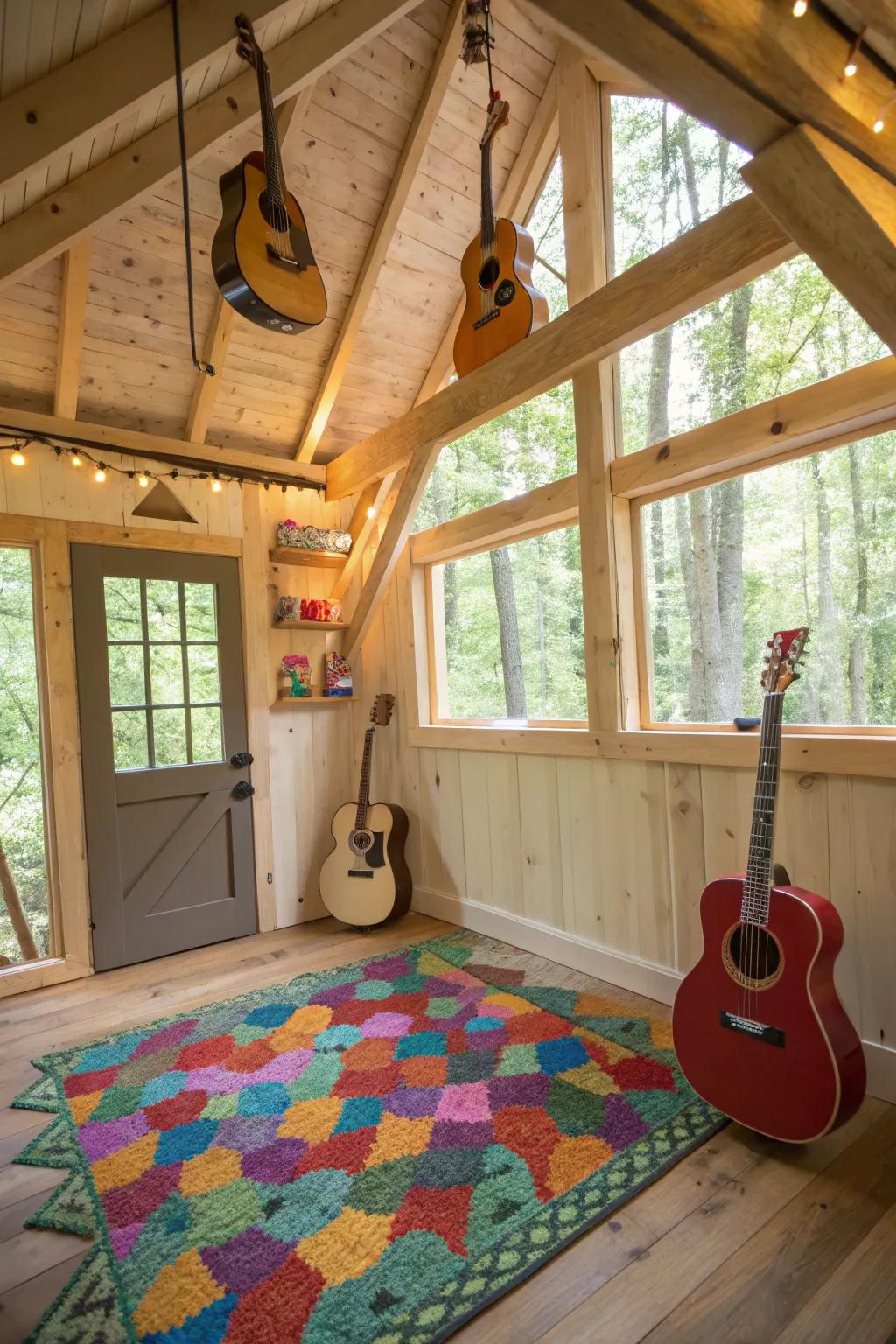 Playful decor elements inside a treehouse, featuring a vibrant rug and hanging musical instruments.