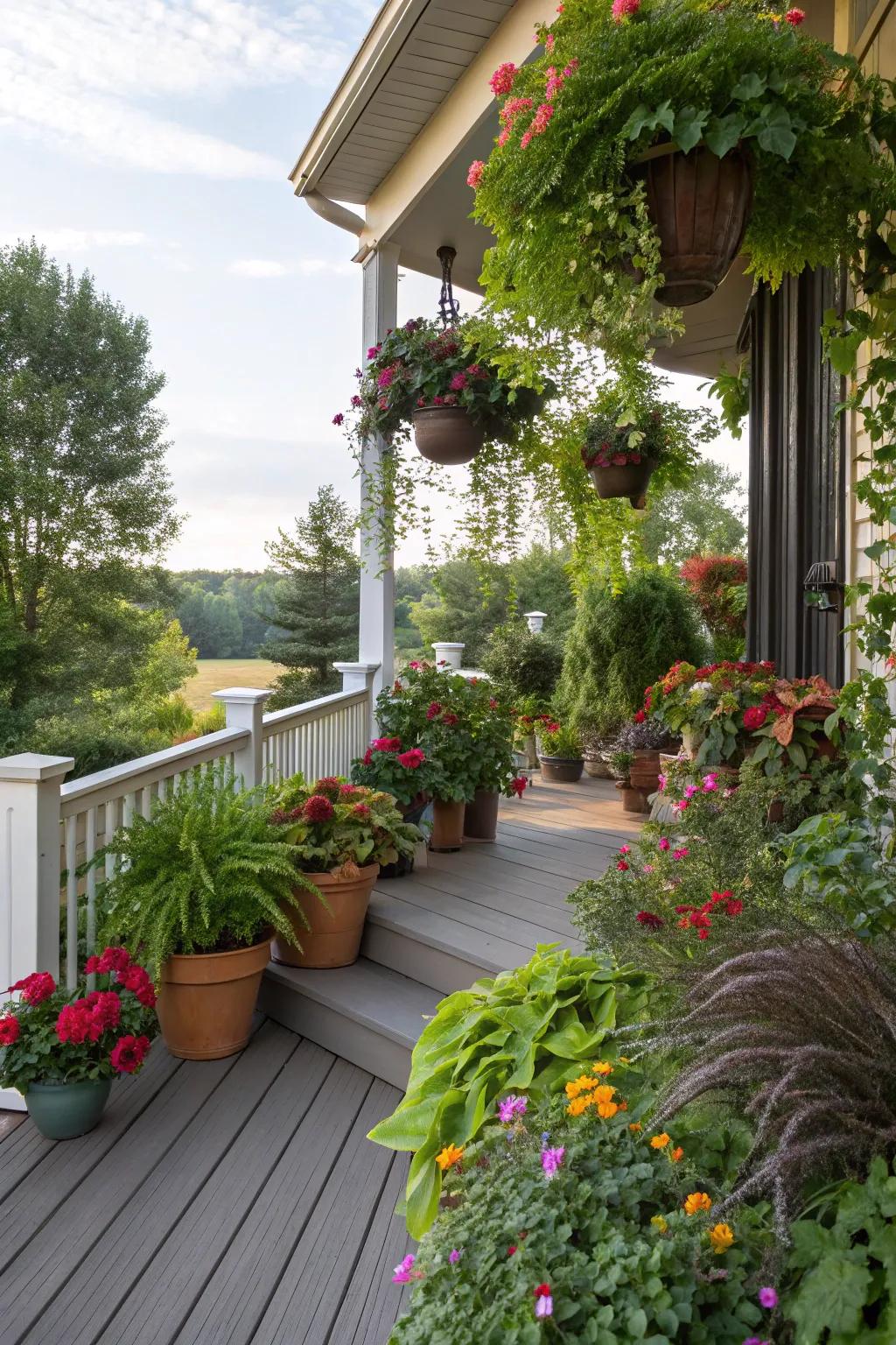 Enrich your porch with the essence of nature through abundant container plants.