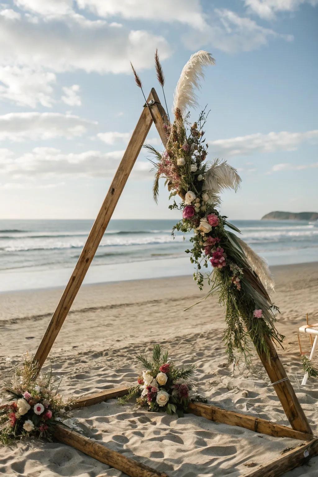 A rustic triangle arch perfect for outdoor or beach events.