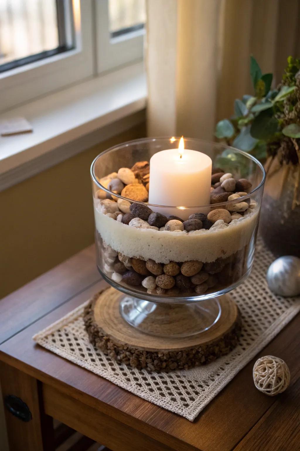 Create a warm atmosphere with a candlelit trifle bowl.