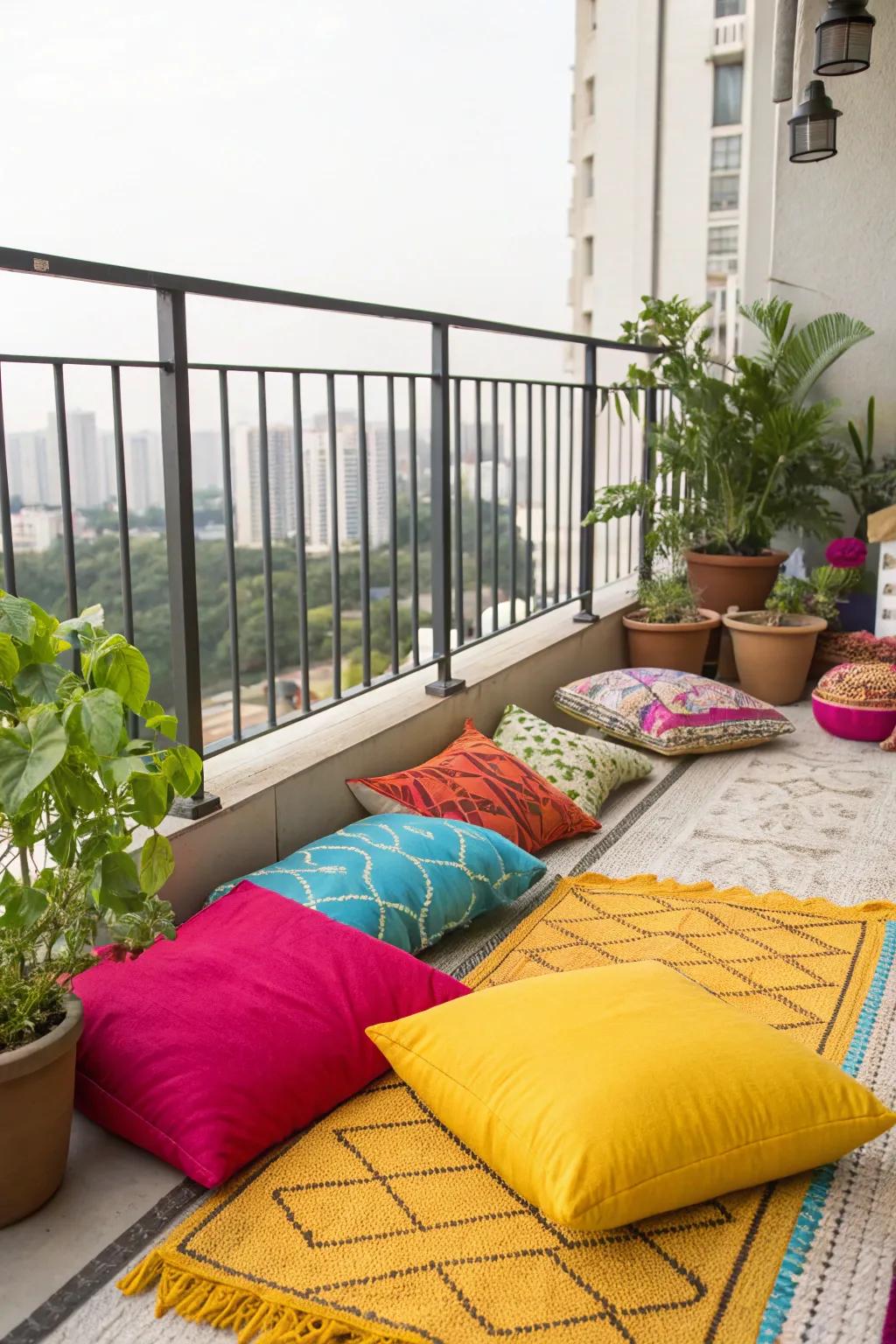 Brighten your balcony with radiant textiles for a cheerful ambiance.