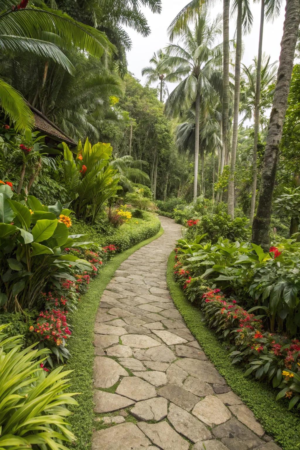 An inherent pebble route leading you through a tropic garden retreat.