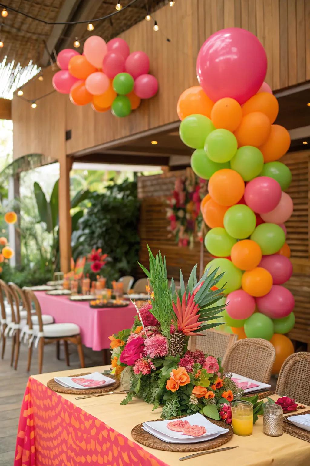Vibrant decorations set the tropical scene.