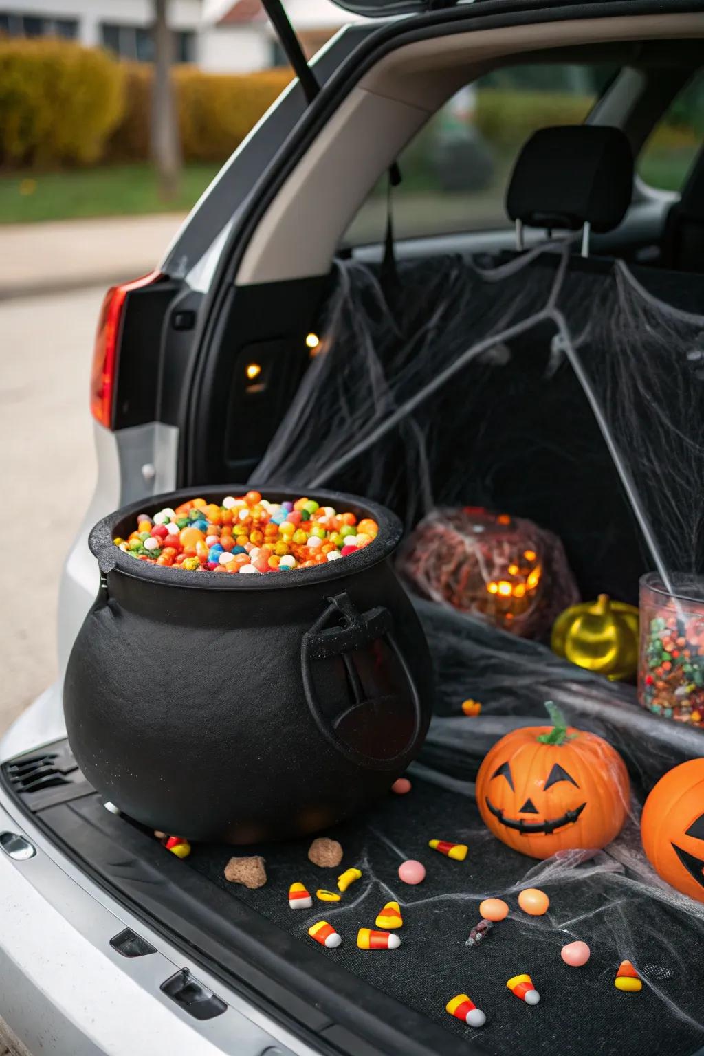 A cauldron of candy is a must-have centerpiece for your trunk.