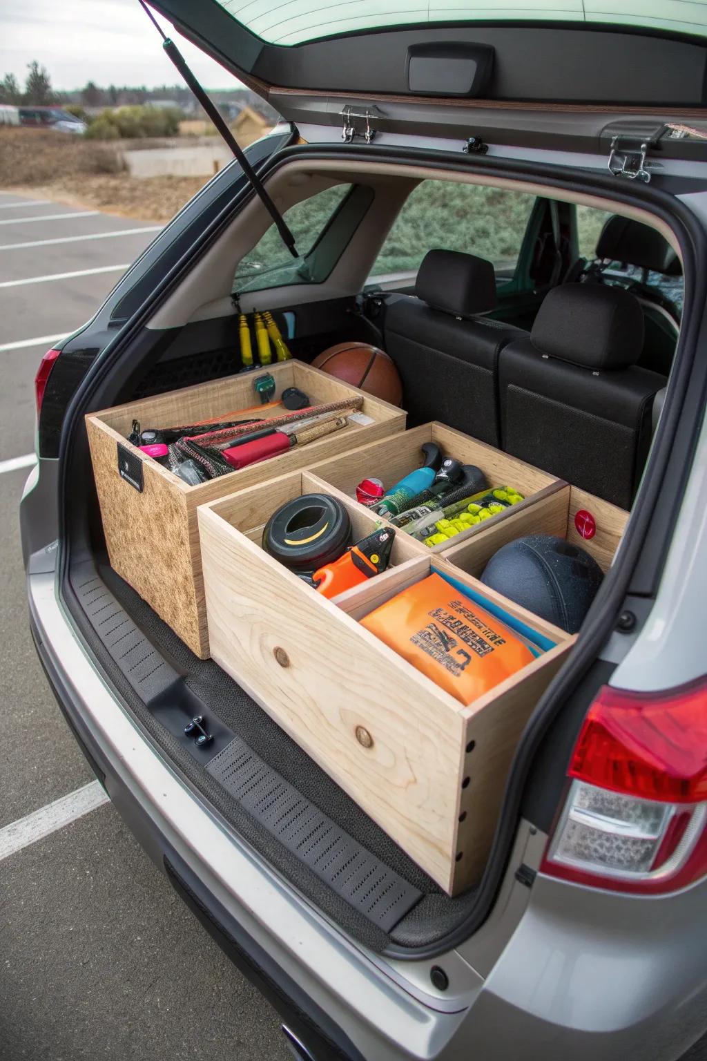 Custom plywood sections, designed to maximize every inch of trunk space.