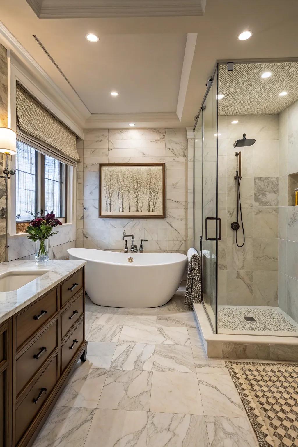 An elegantly placed freestanding tub inside the shower, crafting a tranquil spa atmosphere.