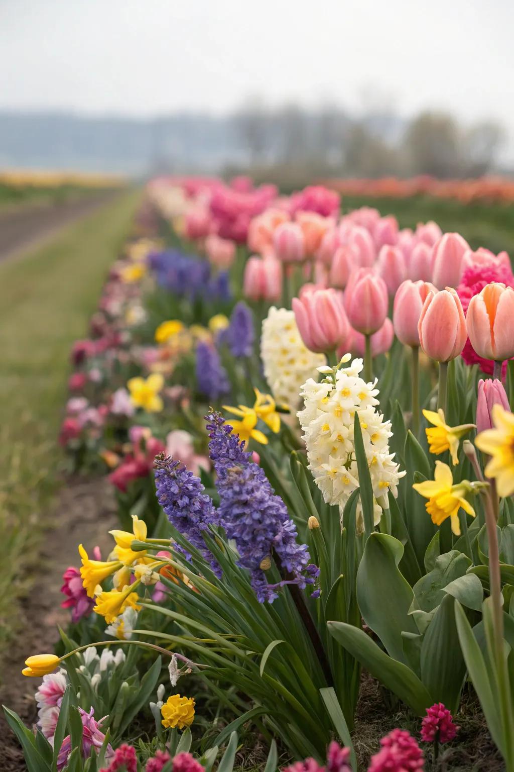 A stunning mixed border of tulips, windflowers, and buttercups, presenting a symphony of colors and textures.