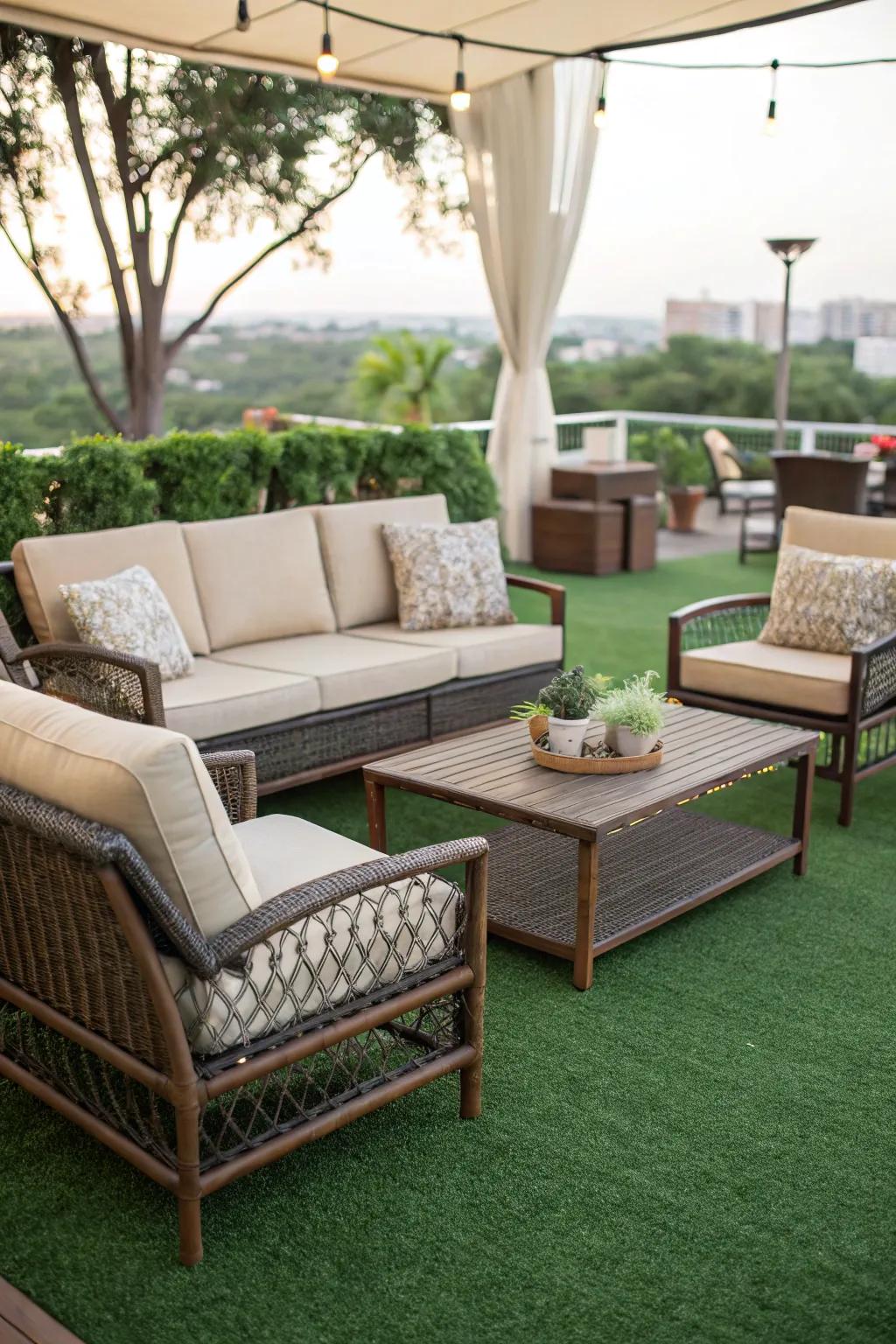 A cozy relaxation zone on a <strong>faux grass</strong> patio.” loading=”lazy” class=”pimg”>
	</picture><figcaption>A cozy relaxation zone on a <strong>faux grass</strong> patio.</figcaption></figure>
<p>Fashion a <strong>relaxation zone</strong> right on <strong>faux grass</strong> for a snug, welcoming atmosphere. I can’t resist unwinding on mine with an engaging book and a refreshing beverage.</p>
<h3>A few choices to try:</h3>
<ul class=