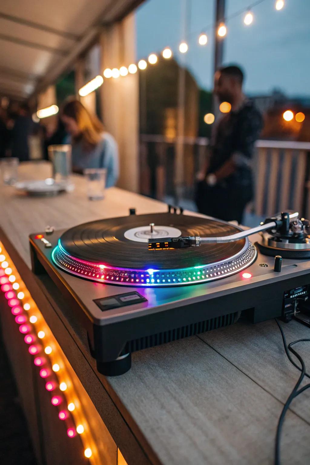 Vibrant LED strip lights enhancing a turntable setup.
