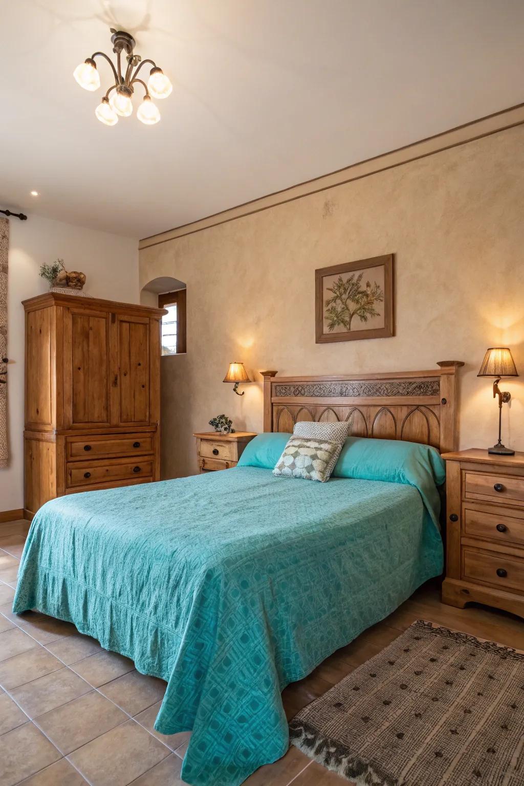 A balanced mix of turquoise and soft shades yielding a refined sleeping space.