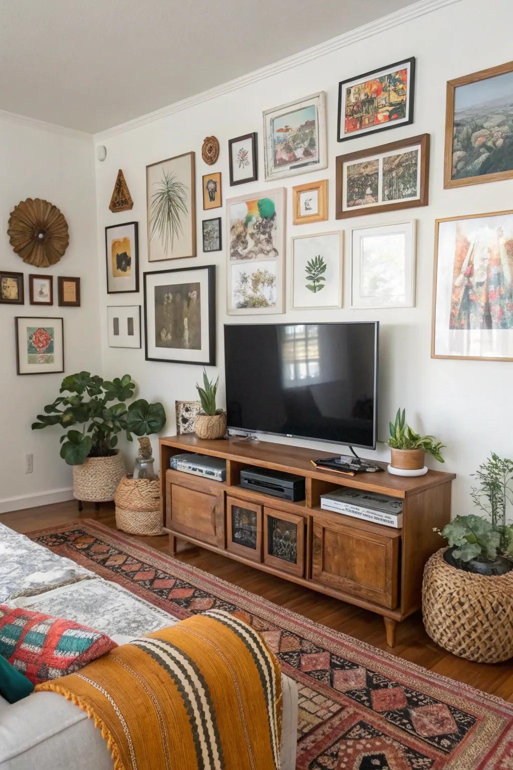 Asymmetrical picture frames inject individuality into this television gallery wall.
