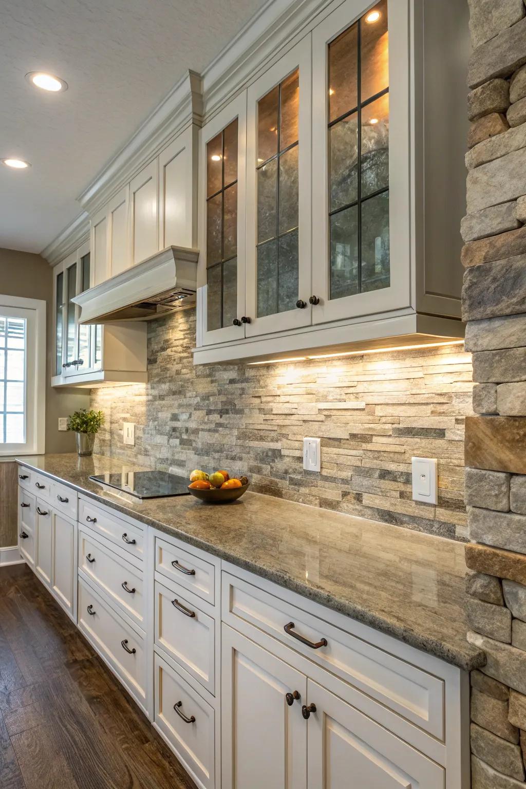This kitchen highlights a combination of smooth and textured materials, enhancing visual interest.