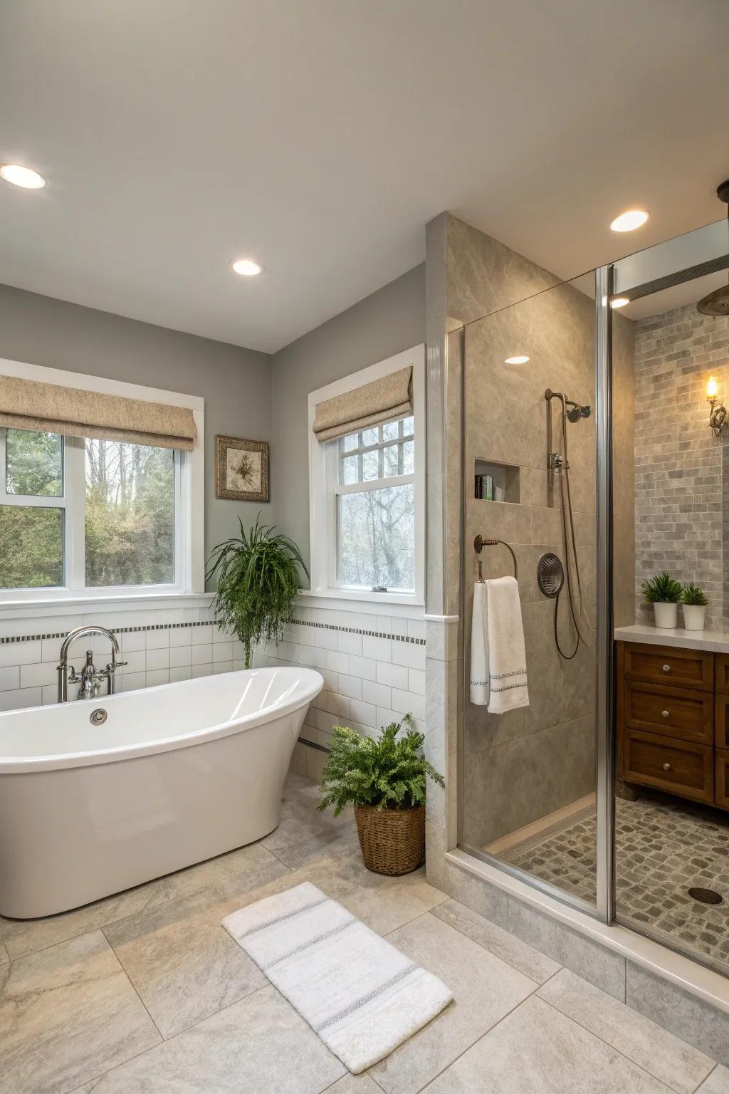 A peaceful bathroom showing off a soft gray and white two-tone wall look.