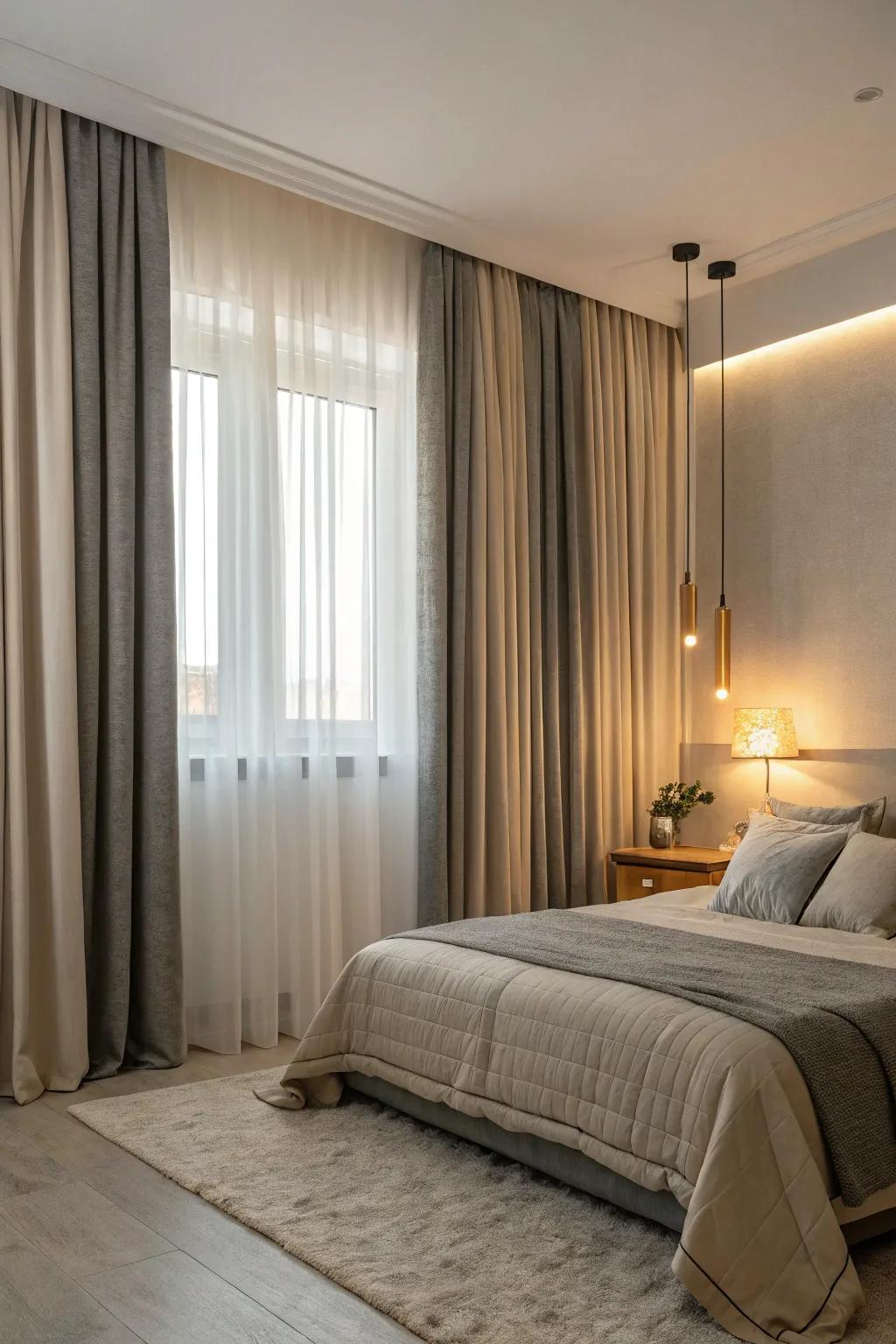 Understated duo-tone drapes establishing a tranquil mood in a bedroom.