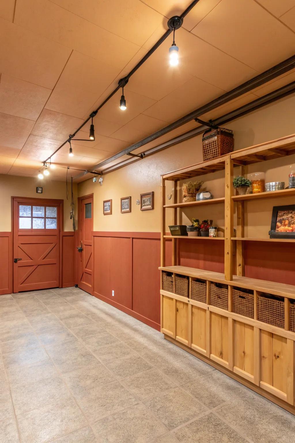 Warm tones create a welcoming and comfortable garage environment.