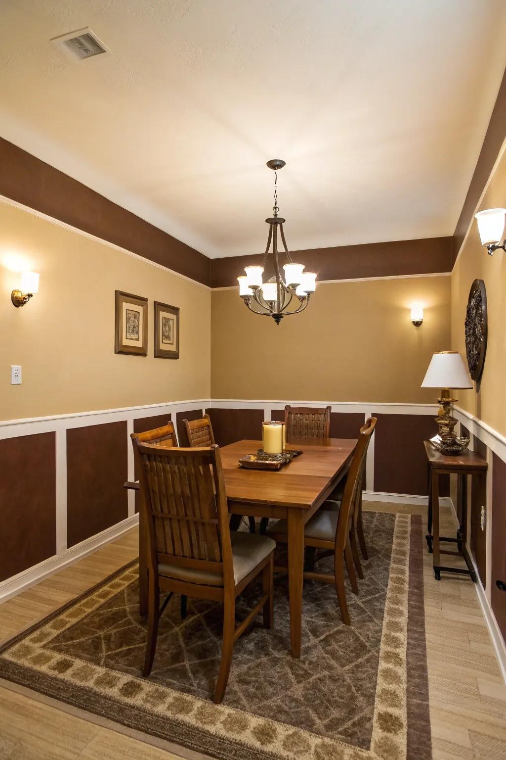 A dining area showcasing horizontally split walls in cream and mocha.