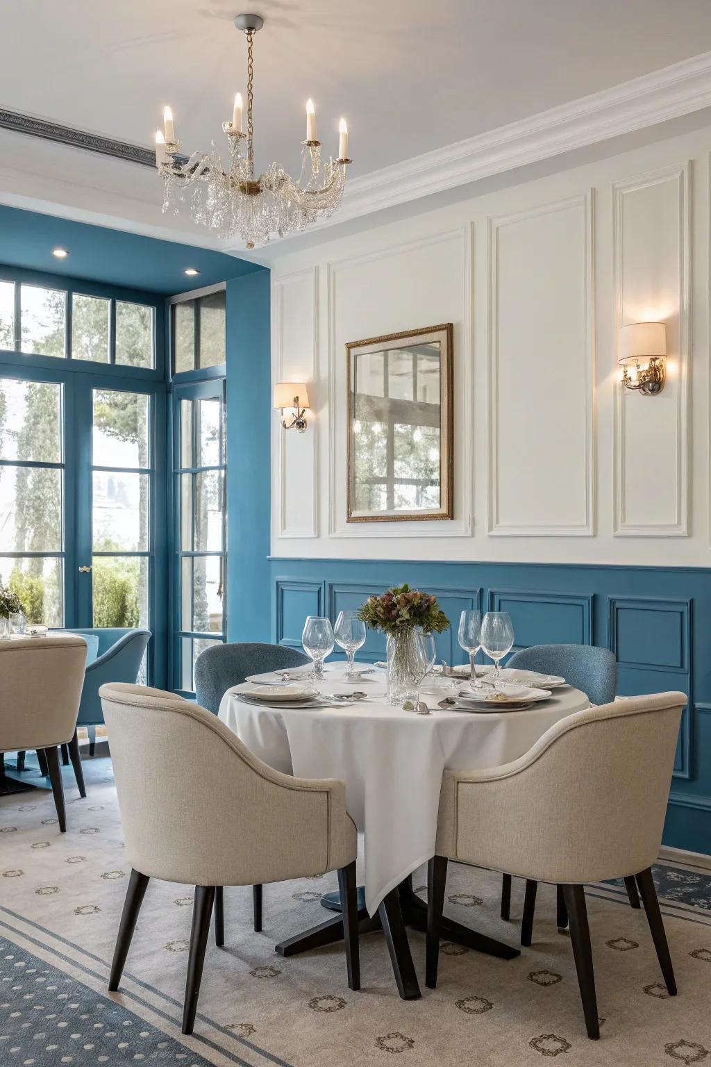 Azure and snow white enhance this dining space with enduring sophistication.