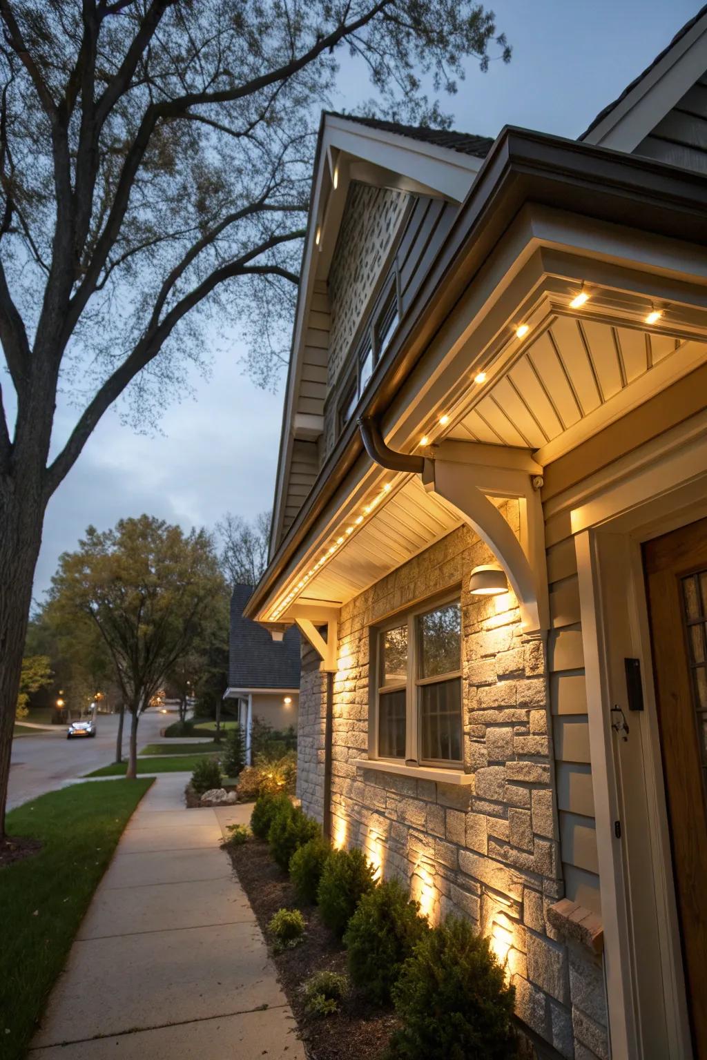Thoughtfully positioned lights enhance the architectural elegance of this residence.