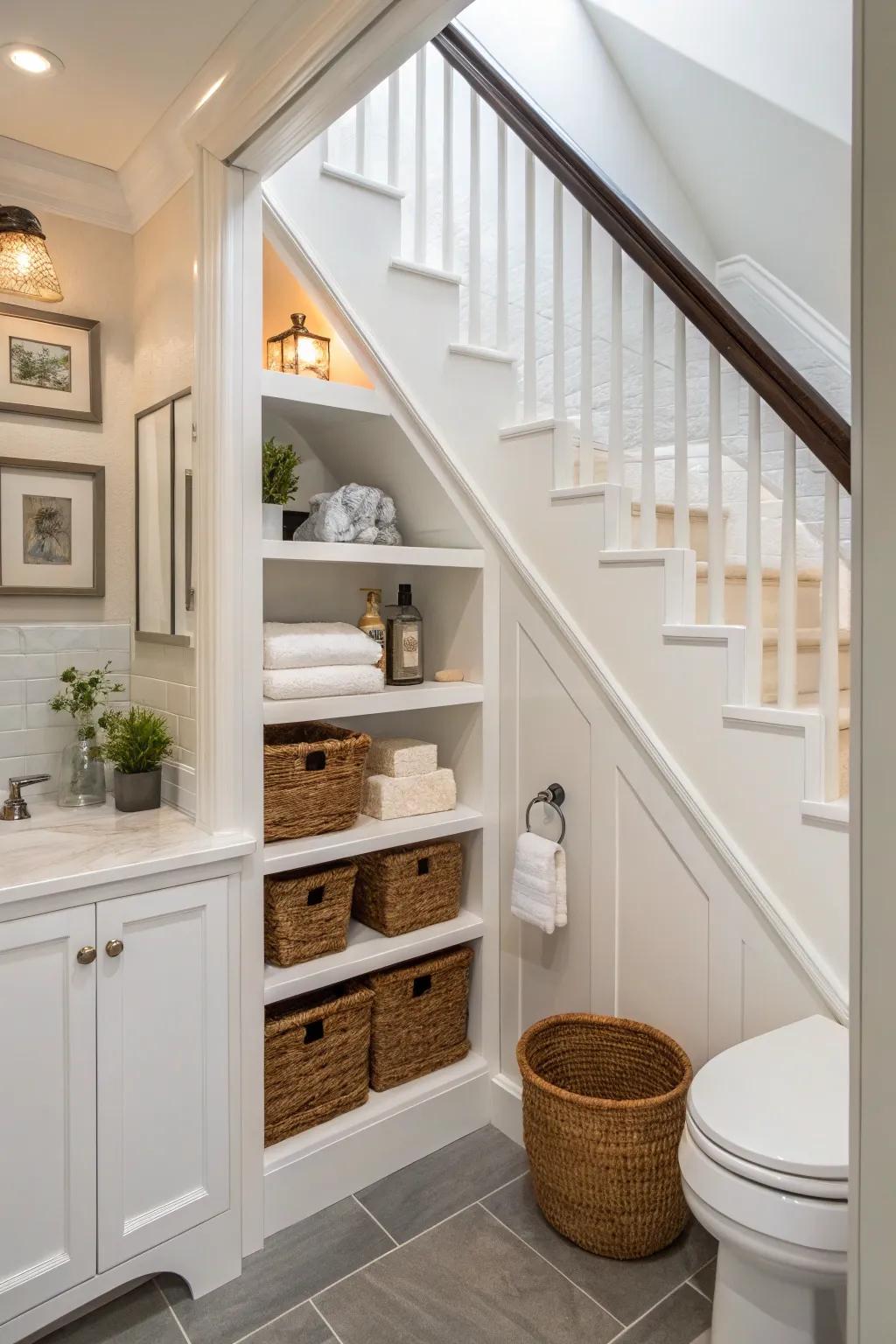 An under-stair bathroom displaying integrated shelving and inset niches for effective storage.