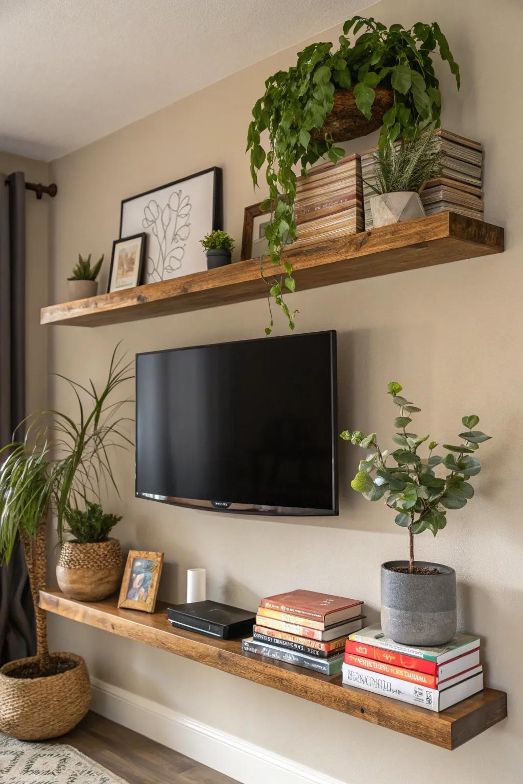 Elevated ledges provide a contemporary and useful option beneath your TV.