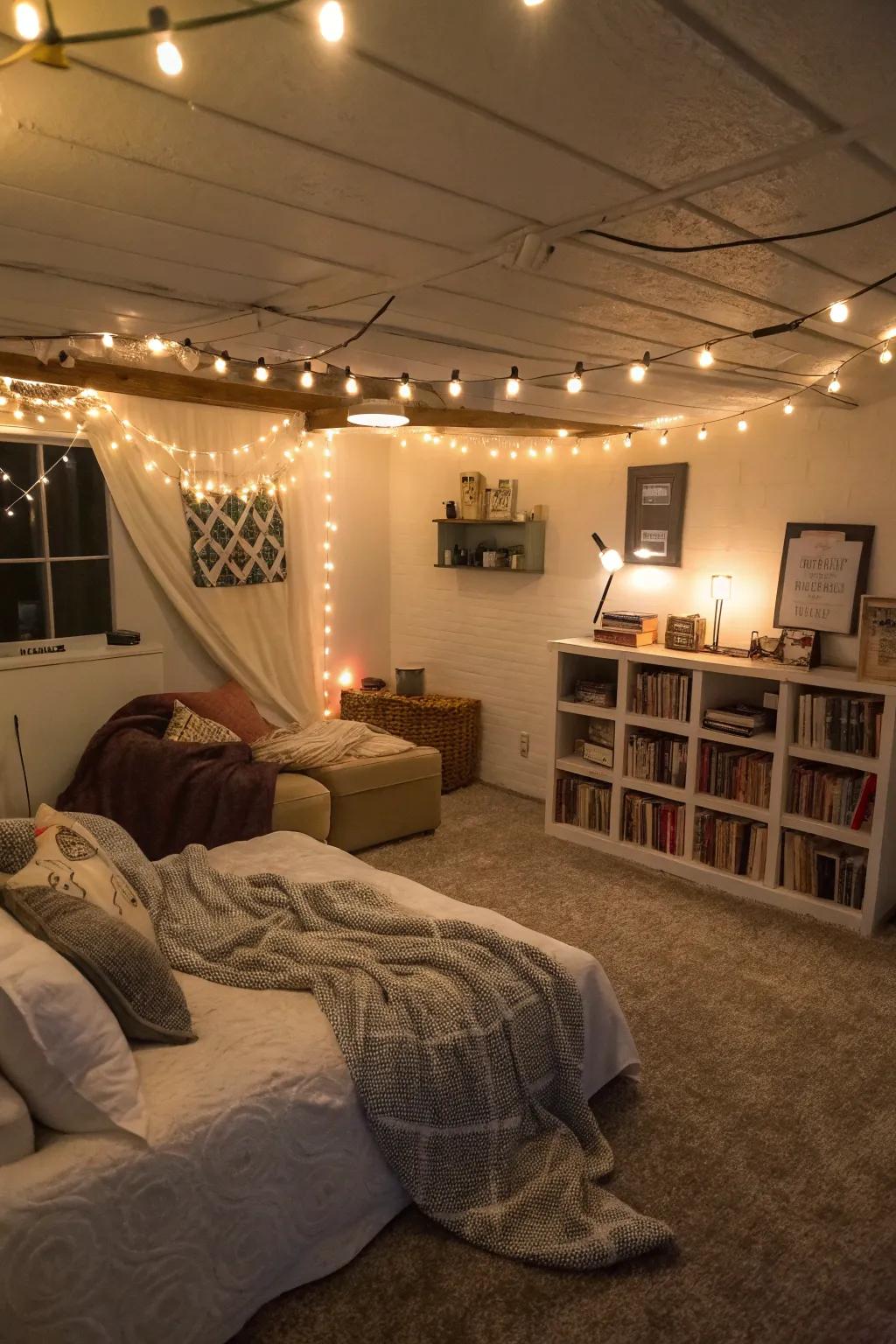 Use soft lighting to transform your basement bedroom into a cozy haven.