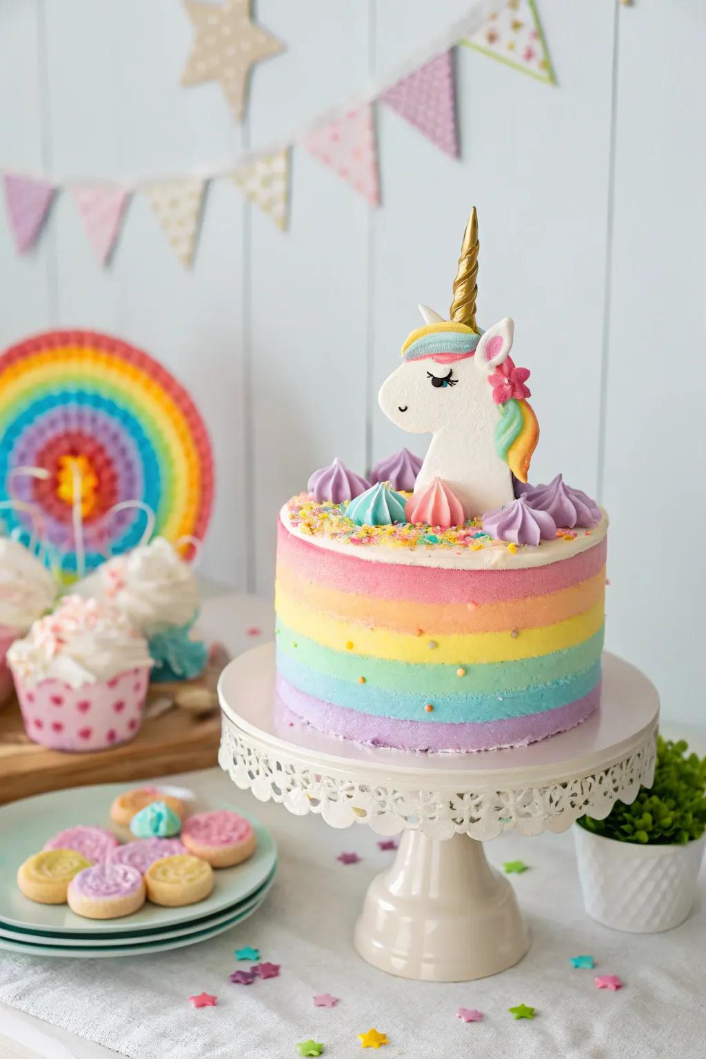 A gorgeous homemade sparkle horse cake, beautifully frosted in spectrum colors.