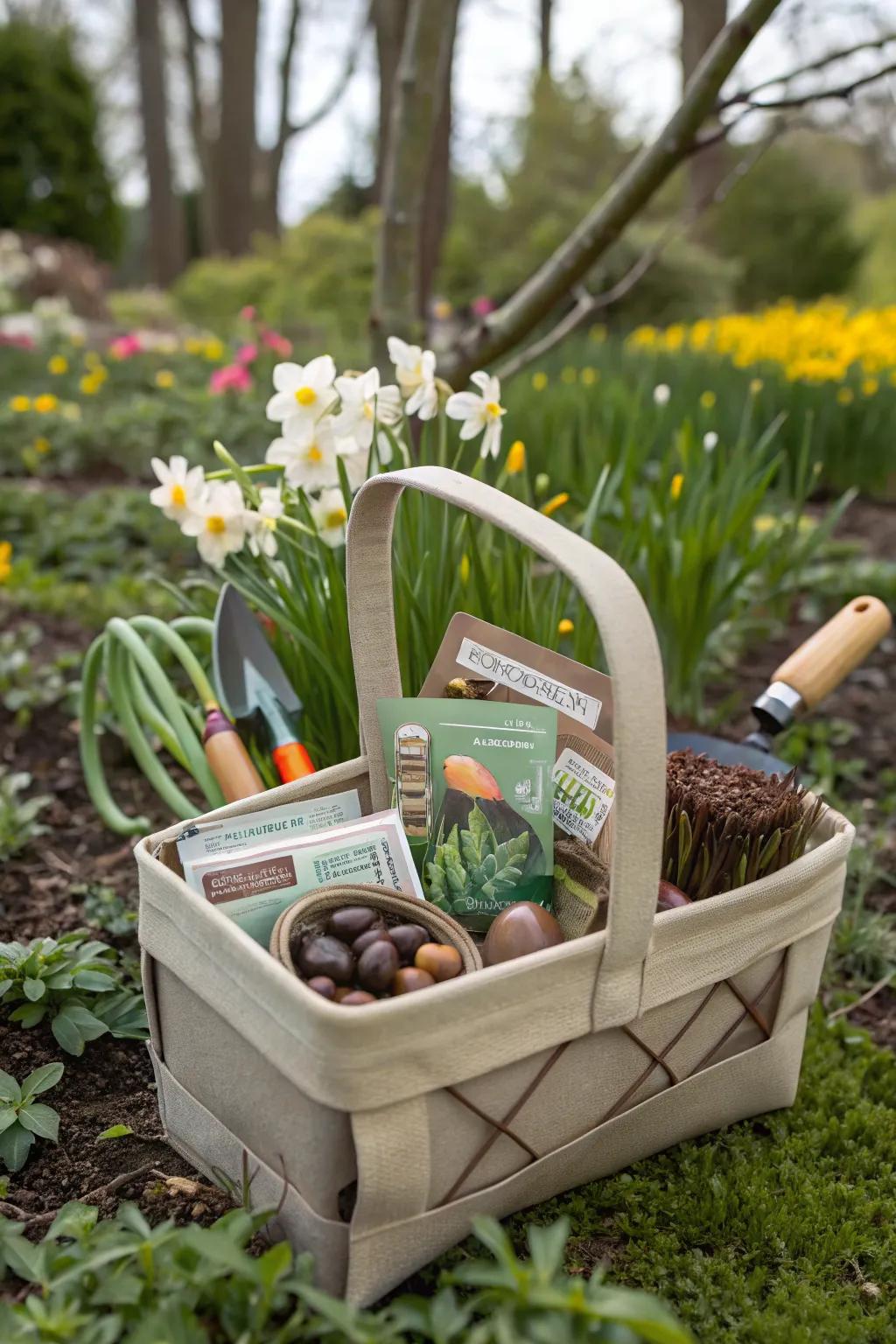 A gardening haul bag overflowing with Easter surprises for plant enthusiasts.