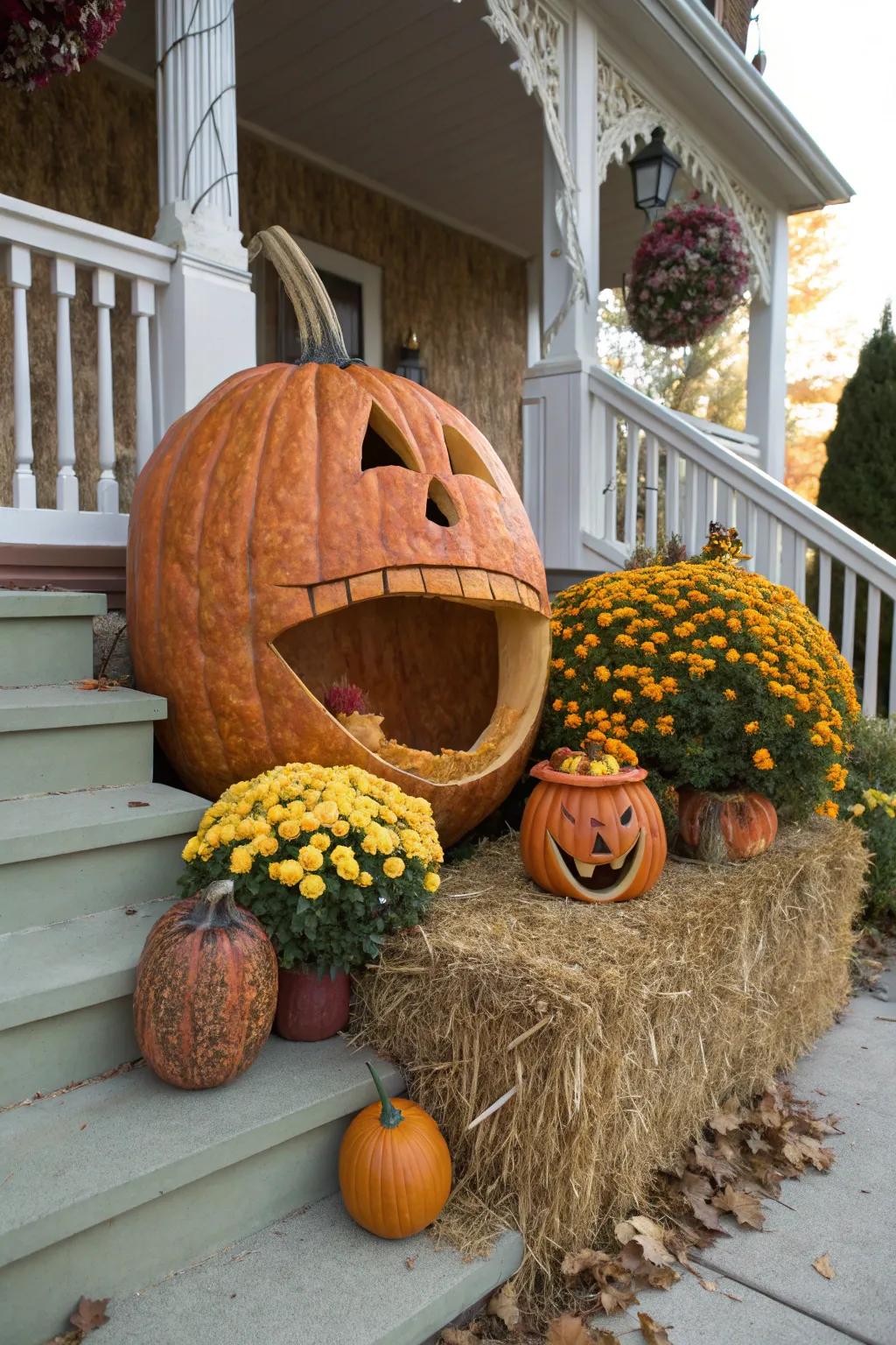 A playful scene of a pumpkin 'eating' another pumpkin.