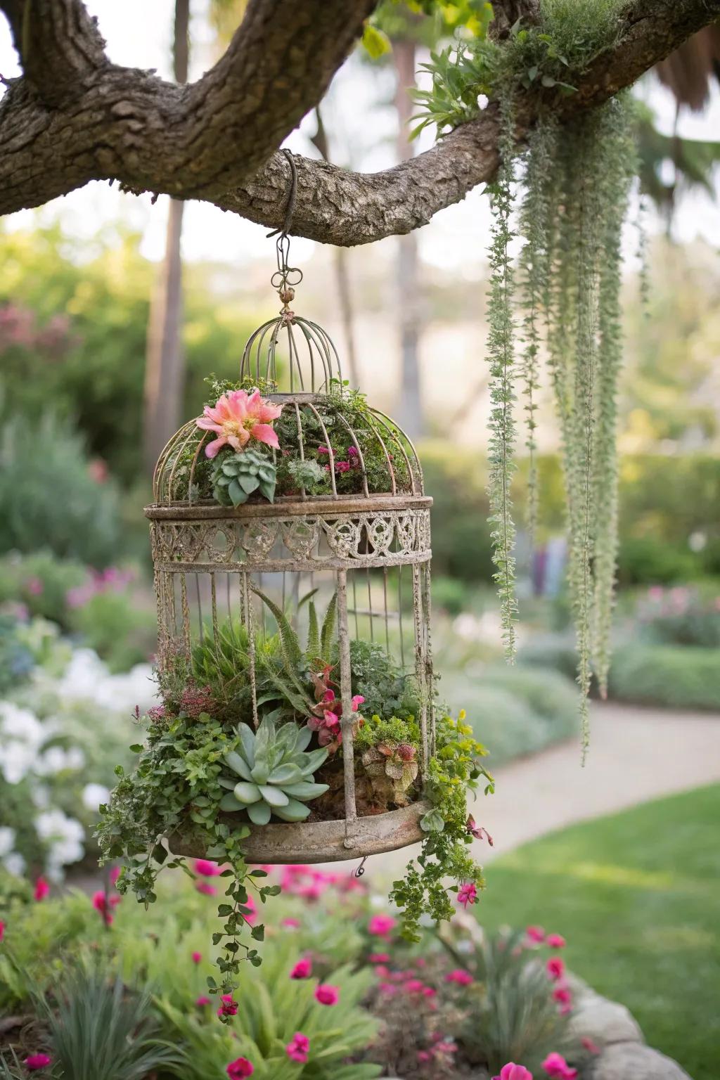 A classic birdcage reimagined as an enchanting succulent garden.