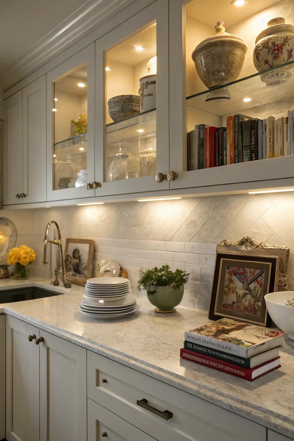 Puck lights create a striking spotlight effect on decorative items.