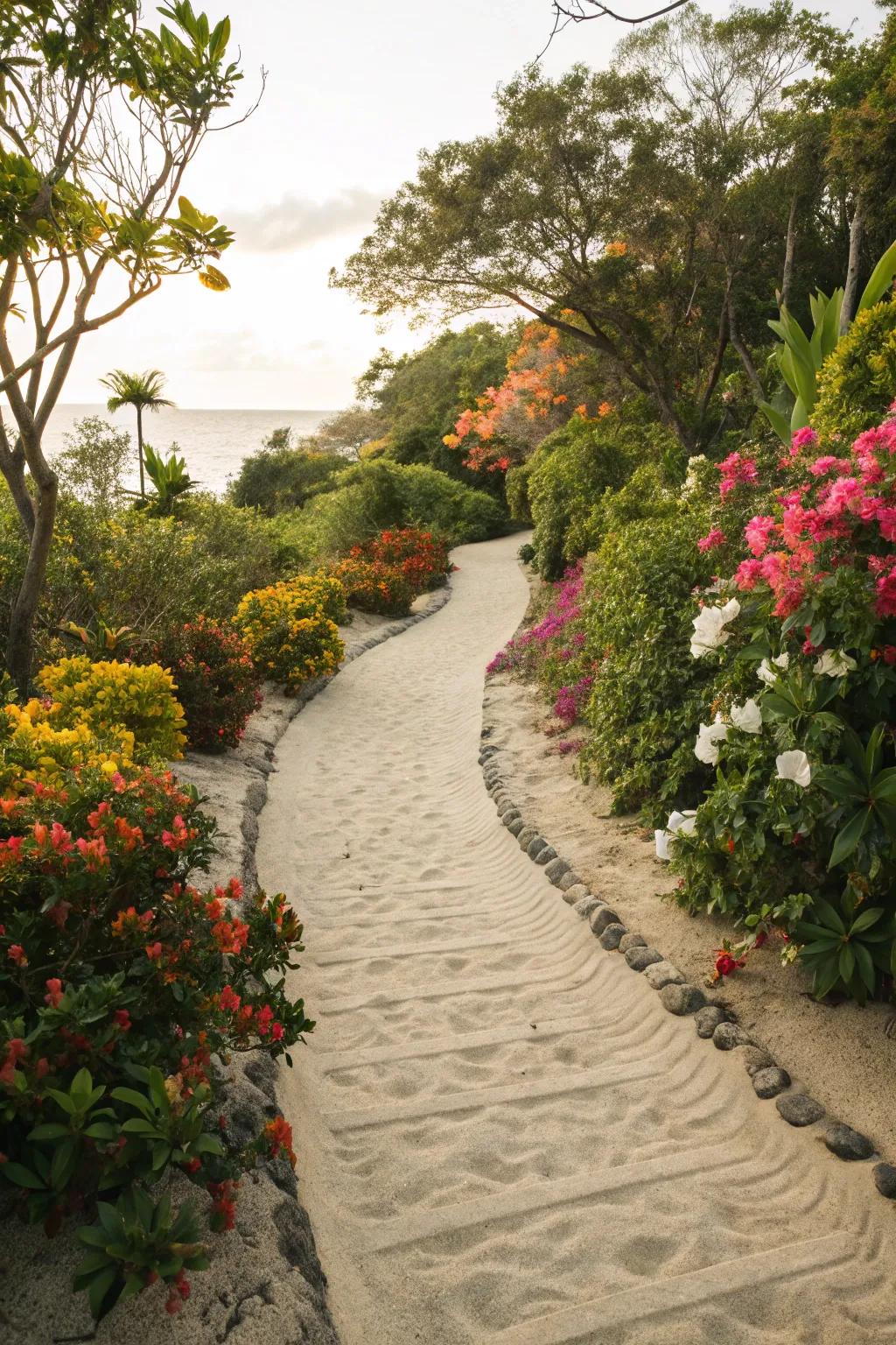 Sand walkways enhance your garden with a rustic appeal, great for leisurely strolls.