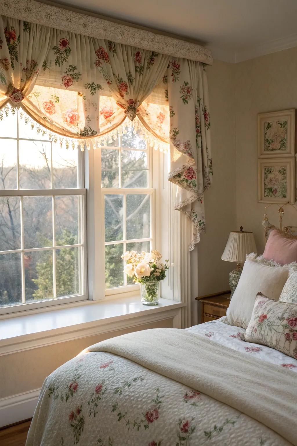 A window adorned with a vintage-inspired floral valance in a comfortable bedroom.