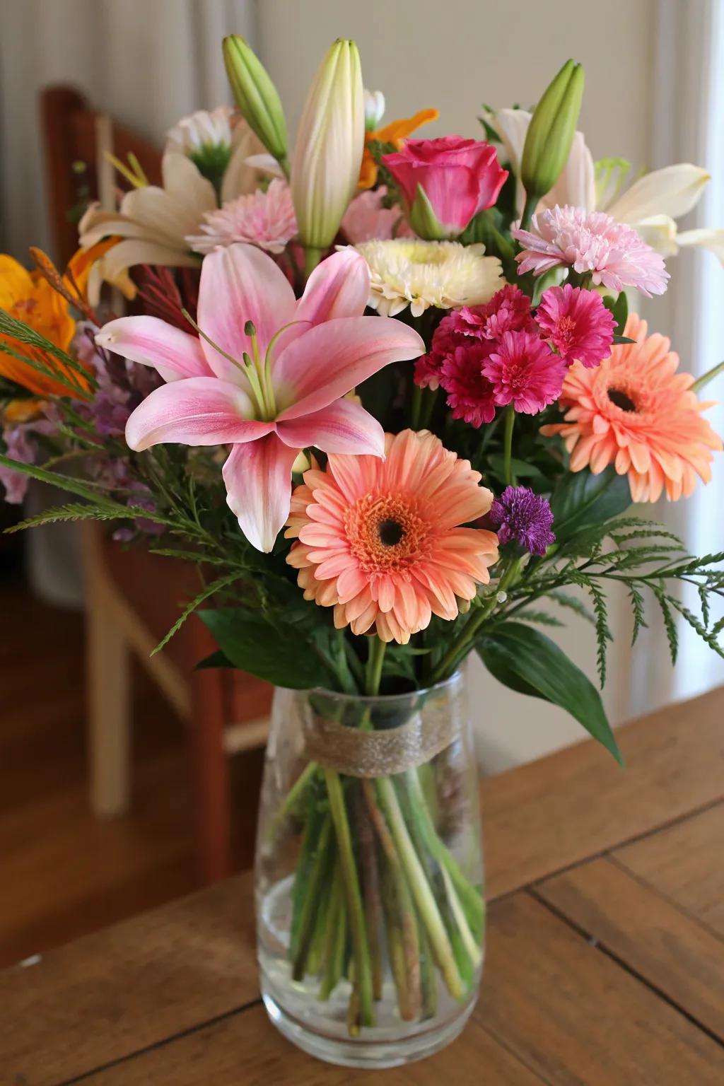 A graceful collection of assorted flowers presented in a clear vase.
