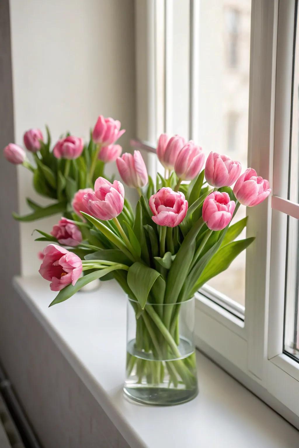 Cheerful pink tulips brightening up a space.