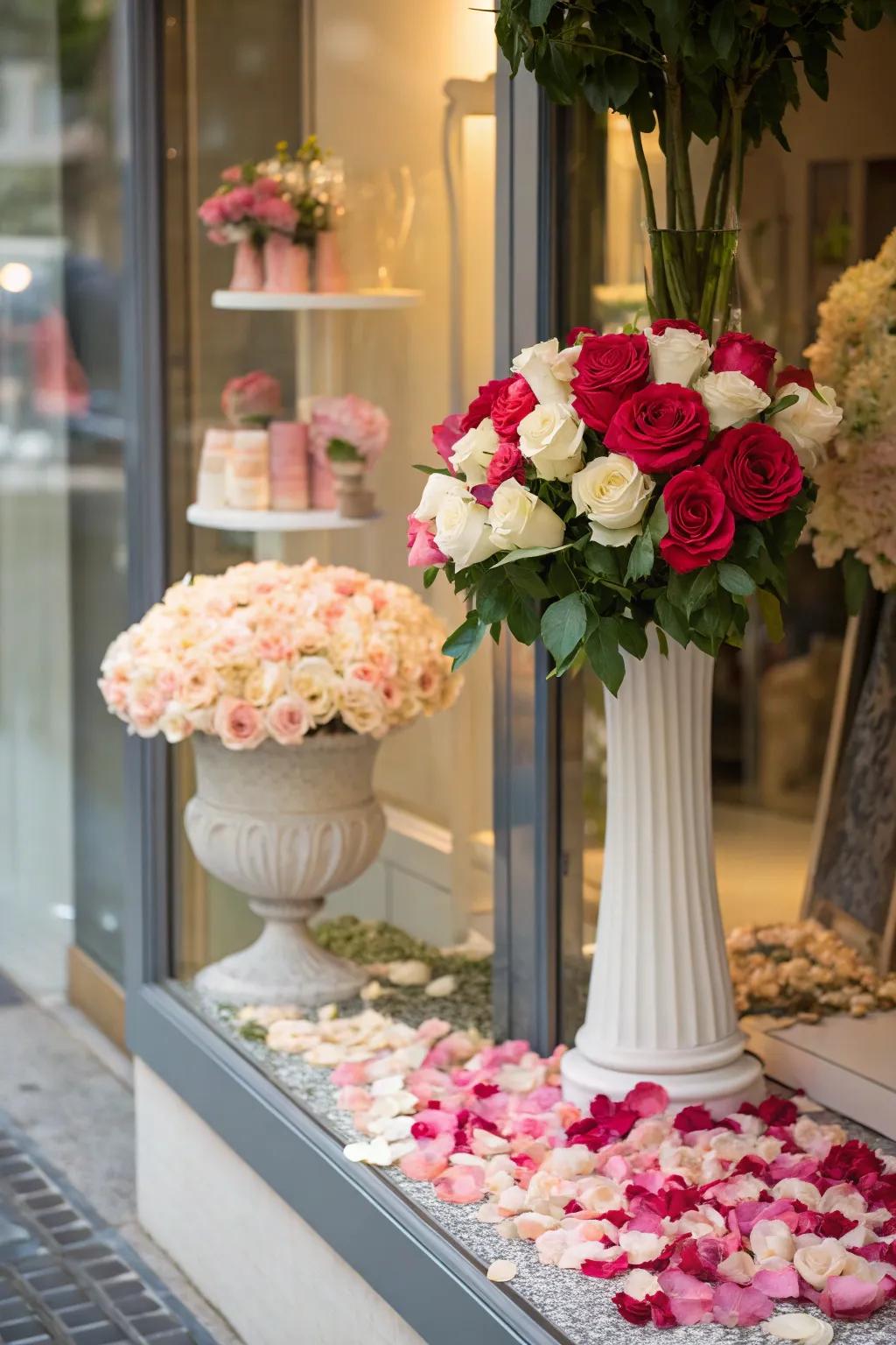 A romantic floral display in a store window, ideally suited for Valentine's Day.