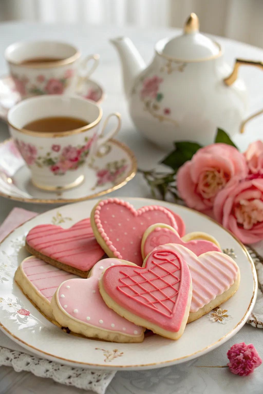 Scrumptious cookies shaped as hearts adorned with rose-colored icing for Valentine's Day.