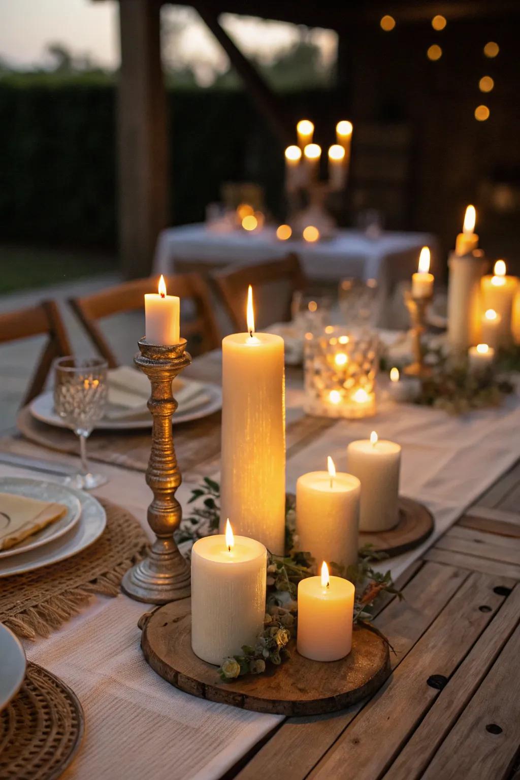 Differing candle heights create a comfortable and romantic mood.